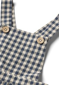 Blå- och vitrutigt tyg med träknappar på banden, en del av plaggets övre del.