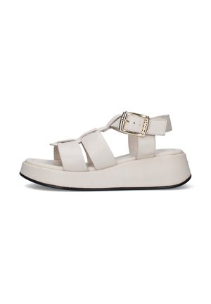Sandalo platform beige con tre ampie fasce, cinturino alla caviglia con fibbia dorata e suola spessa con bordi inferiori neri.