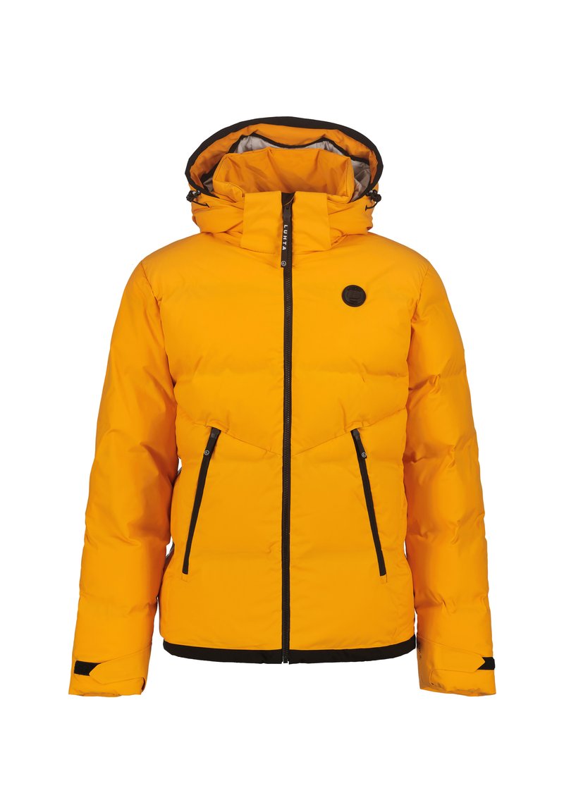 Yellow padded jacket with a hood, zippered front, and black accents. Features two zippered pockets and a round logo on the left chest.