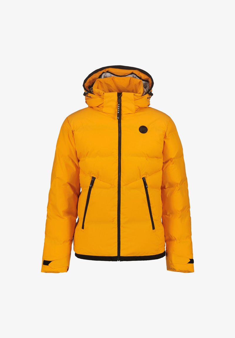 Yellow padded jacket with a hood, zippered front, and black accents. Features two zippered pockets and a round logo on the left chest.