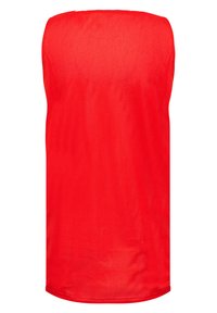Top senza maniche in rete rossa con scollatura rotonda e vestibilità ampia. Il tessuto presenta una texture perforata per traspirabilità e comfort.