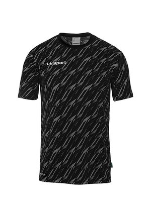 Zwart sport T-shirt met een diagonaal patroon in verschillende grijstinten, korte mouwen en een ronde hals. Logo gedrukt op de voorkant.