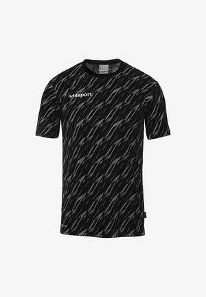 T-shirt de sport noir avec un motif diagonal dans des nuances de gris, à manches courtes et col rond. Logo imprimé sur le devant.