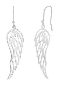Pendientes de plata de ley en forma de alas, con un diseño recortado que presenta patrones de plumas detallados y un cierre de gancho.