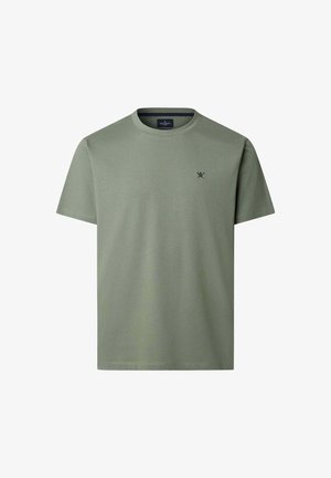 T-Shirt mit kurzen Ärmeln und Rundhalsausschnitt aus olivgrüner Baumwolle, mit einem kleinen marineblauen Logo auf der Brust, glatter Textur und lockerem Schnitt.