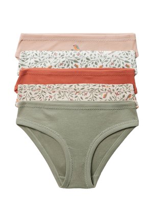 Cinq culottes en coton pour femmes dans des couleurs sobres, comprenant du vert sauge uni, du corail, du pêche et deux motifs à oiseaux et feuilles.