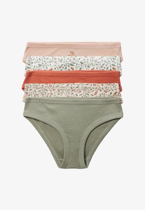 Cinq culottes en coton pour femmes dans des couleurs sobres, comprenant du vert sauge uni, du corail, du pêche et deux motifs à oiseaux et feuilles.