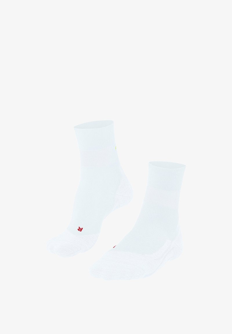 White athletic socks made of cotton blend, featuring ribbed cuffs and reinforced heels. Small red logo on the sole.