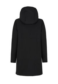 Parka noire imperméable avec capuche, manches longues, texture lisse et coupe droite. Ne comporte aucun fermoir ou accent visible.
