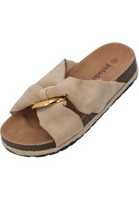 Béžové skládací sandály s velkou mašlí a zlatým akcentem nahoře, polstrovaná hnědá stélka, podešev obšitá provázkem, velikost 37 označená uvnitř.