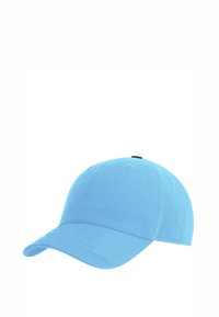 Helle blaue Baseballmütze aus Baumwolle, mit einem gebogenen Schirm und einer gestickten Textur sowie einem kleinen schwarzen Akzent oben.