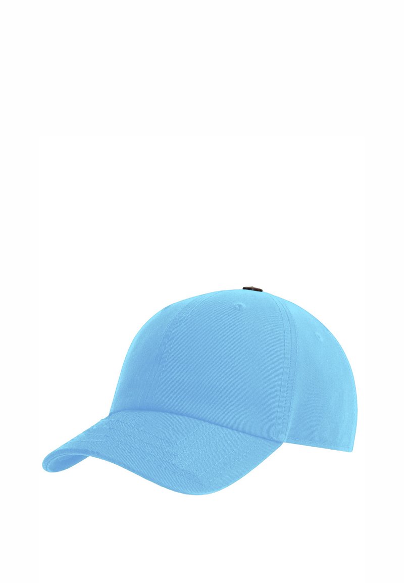 Helle blaue Baseballmütze aus Baumwolle, mit einem gebogenen Schirm und einer gestickten Textur sowie einem kleinen schwarzen Akzent oben.