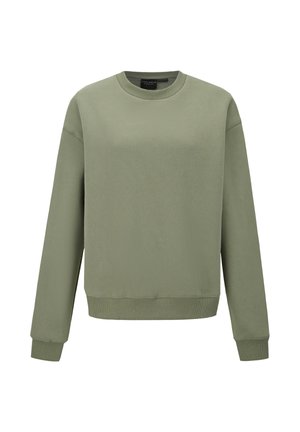 Olivengrøn sweatshirt med rund halsudskæring, lange ærmer samt ribkant ved ærmer og forneden. Fremstillet af blødt stof med en glat tekstur.
