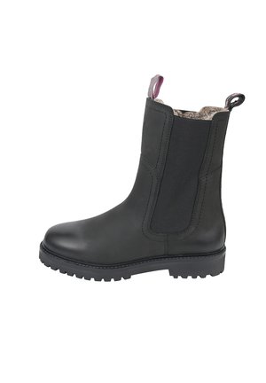 Czarny skórzany botek za kostkę z grubą gumową podeszwą, elastycznym bocznym panelem, pętlami do ściągania i polarową podszewką wewnątrz.