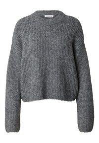 Grauer gestrickter Pullover mit gerippter Textur, Rundhalsausschnitt und langen Ärmeln. Das Design ist verkürzt, hat einen lässigen Schnitt und einen weichen Stoff.