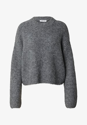 Grijze gebreide trui met geribbelde textuur, ronde halslijn en lange mouwen. Het ontwerp is cropped, met een losse pasvorm en zachte stof.