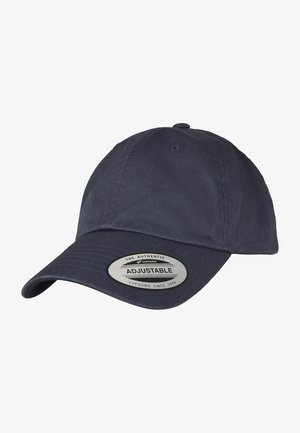 Navy adjustable baseball cap made from textured fabric, featuring a curved brim and a circular label with brand name and adjustable detail.