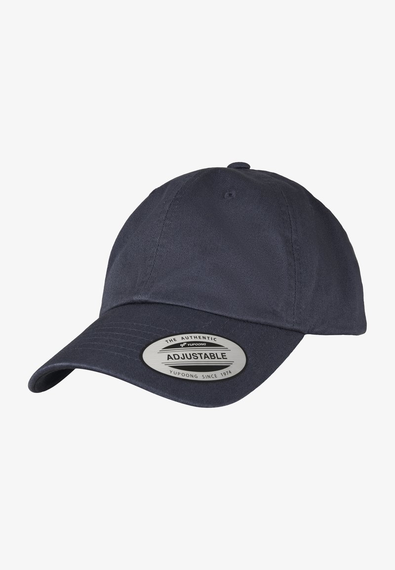 Navy adjustable baseball cap made from textured fabric, featuring a curved brim and a circular label with brand name and adjustable detail.