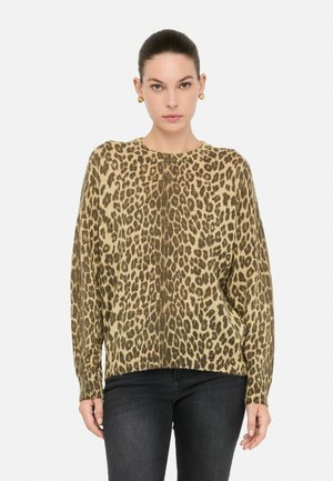 Maglione a stampa felino in beige e marrone, maniche lunghe, vestibilità comoda, tessuto a maglia testurizzato con polsini e orlo a coste.