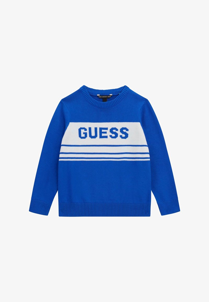 Blauer Pullover mit Rundhalsausschnitt, ausgestattet mit weißen Streifen und dem "GUESS"-Logo über der Brust. Hergestellt aus Strickstoff mit gerippten Bündchen.
