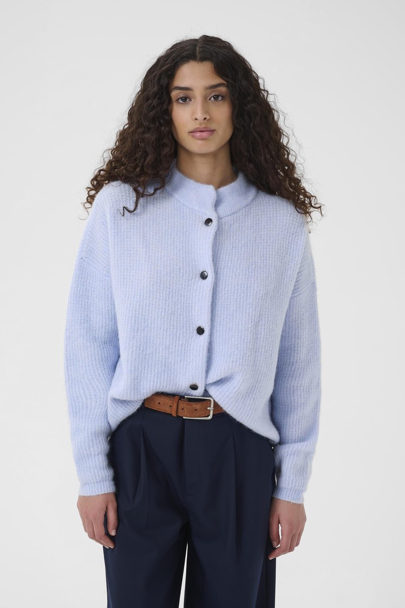 Světlá modrá pletená kardigan s kulatým límcem, s černými knoflíky, nošená přes tmavé kalhoty s hnědým páskem.