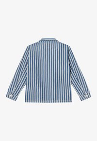 Camicia a righe blu e bianche con colletto, maniche lunghe e polsini con bottoni. Il tessuto appare testurizzato, adatto per un abbigliamento informale.
