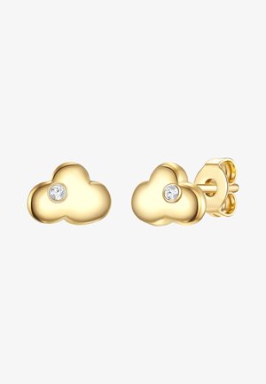 Goldfarbene, wolkenförmige Steckerohrringe mit einem kleinen klaren Steinakzent. Glatte Metallic-Oberfläche mit polierter Textur und sicherem Verschluss.