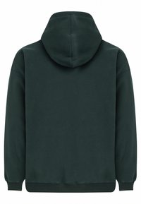 Mørkegrøn fleece hoodie med en glat tekstur, en hætte, lange ærmer og ribbede manchetter og kant. Ingen frontdesign eller mønstre synlige.