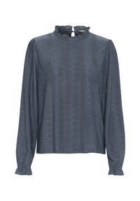 Blusa a maniche lunghe con collo a ruches in grigio, caratterizzata da un motivo di piccoli fori a forma di diamante e polsini arricciati per un tocco di texture.