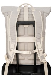 Roll-top backpack in light gray fabric, featuring padded straps, mesh texture, a carrying handle, and adjustable buckles with black trolley handle.