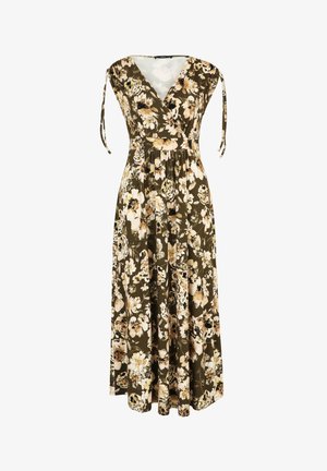 Bloemen maxi-jurk in olijfgroen, met een v-hals, verstelbare strikbandjes en een getailleerd lijfje dat overgaat in een vloeiende rok.