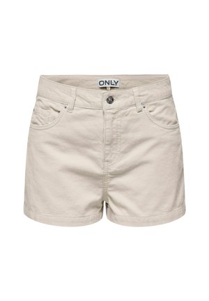 Pantalones cortos de algodón beige con cierre de botón, dos bolsillos frontales y dobladillo enrollado. Etiqueta de la marca "ONLY" visible en la cinturilla.