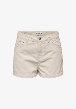 Kreminės spalvos medvilniniai šortai su mygtuko uždarymu, dviem priekinėmis kišenėmis ir sukilusia apatine dalimi. Prekės ženklas "ONLY" matomas ant liemens juostos.