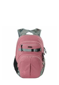 Sac à dos rose avec des accents gris, plusieurs compartiments zippés, des bretelles ergonomiques et un dos à motif camouflage. Fabriqué en tissu durable.