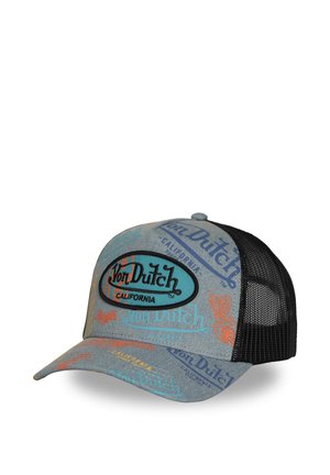 Casquette trucker en mesh gris et noir avec logos colorés "Von Dutch California" et motifs ailés imprimés et brodés sur la partie avant et la visière.
