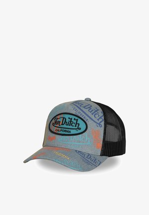 Casquette trucker en mesh gris et noir avec logos colorés "Von Dutch California" et motifs ailés imprimés et brodés sur la partie avant et la visière.