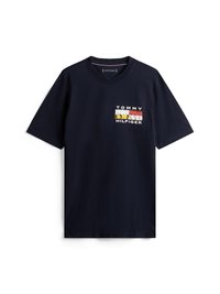 T-shirt en coton bleu marine avec un col rond, orné d'un logo multicolore sur la poitrine gauche. Manches courtes, coupe décontractée. Design minimaliste.