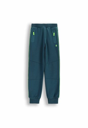 Dziecięce spodnie dresowe w ciemnym odcieniu zielonego morska z elastycznymi mankietami, neonowozielonymi suwakami, bocznymi paskami oraz przednimi kieszeniami na zamek.