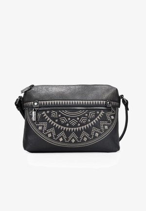 Bolso bandolera de cuero negro con un diseño geométrico en relieve y detalles en cremallera plateados. Textura suave con forma plana y rectangular.
