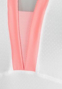 White athletic top featuring mesh fabric, a V-neck design with a pink accent and textured polka dots, highlighting breathability.