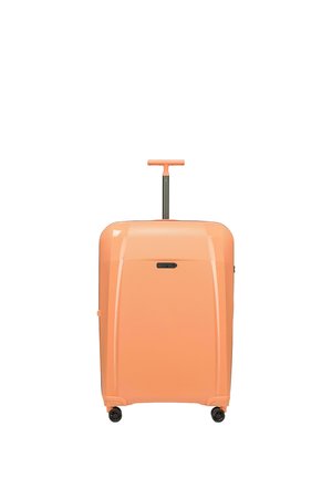 Orange hard-shell suitcase with four wheels and a T-shaped telescopic handle, branded with "EPIC" logo on the front panel.