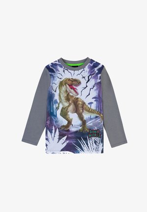 Long-sleeved t-shirt featuring a dinosaur graphic on a white front, gray sleeves, and "DINO WORLD" text. Material appears soft and cotton-like.