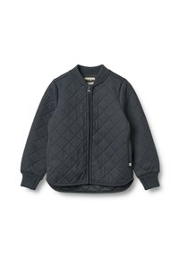 Veste matelassée en gris foncé. Équipée d'une fermeture éclair à l'avant, de poignets côtelés et d'un col arrondi. Le tissu a une texture lisse avec des motifs en losange.