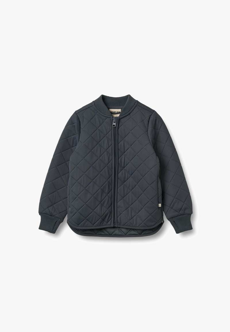Quilted jacket in dark gray. Features a zip front, ribbed cuffs, and a rounded neckline. The fabric has a smooth texture with diamond patterns.