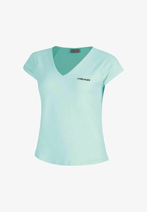 Maglietta sportiva a maniche corte e scollo a V di colore azzurro chiaro con logo "HEAD" sul petto sinistro, realizzata in tessuto liscio e aderente.