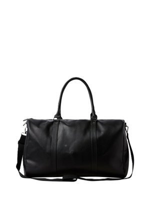 Borsa da viaggio in pelle nera con due manici e tracolla regolabile su sfondo bianco.