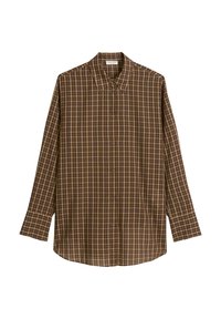 Chemise à manches longues en tartan marron, fabriquée en tissu doux, avec un col classique, une fermeture à boutons à l'avant et un ourlet droit, offrant une coupe décontractée.