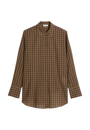 Brown plaid long-sleeve shirt made of soft fabric, featuring a classic collar, button front, and straight hem with a relaxed fit.