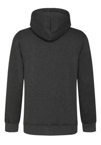 Sudadera con capucha de color gris oscuro con un diseño liso. Presenta puños y dobladillo acanalados, hecha de una tela suave y texturizada. Vista trasera mostrada.