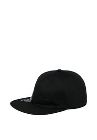 Black cap with a flat visor, made of cotton, featuring a white embroidered logo on the front and eyelet ventilation holes on the top.